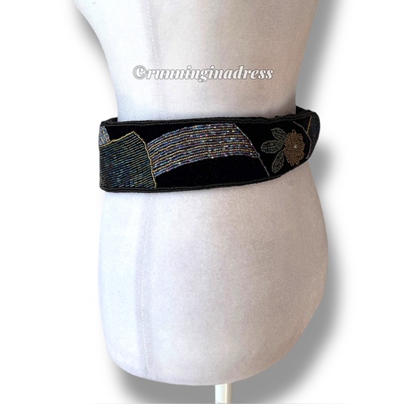 Vintage 80s Floral Beaded Velvet Cummerbund Belt Art Deco-inspired floral design main image 8